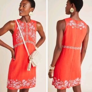 Anthropologie Aiko Embroidered Floral Linen Blend Shift Dress Red Sleeveless 4